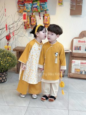 Set cặp áo dài bé trai, bé gái hoa nhí vàng 5 主图 01 8